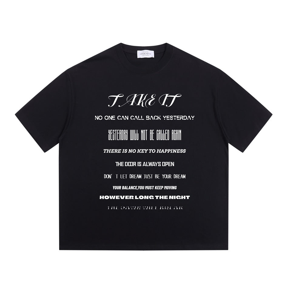 Black short-sleeve crew-neck T-shirt with white 'TAKE IT' slogan typography print on the front, flat lay