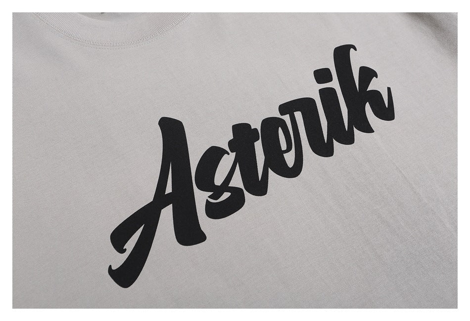 Black stylized lettering printed across the chest of a light gray shirt.