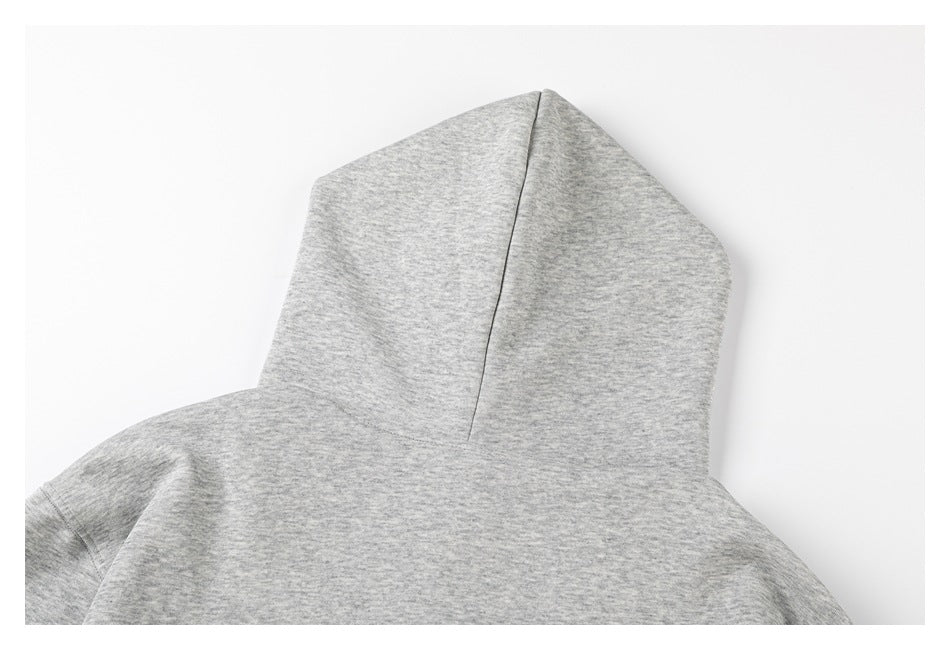 Partial back view of the gray marled hoodie, showing its hood and shoulders.
