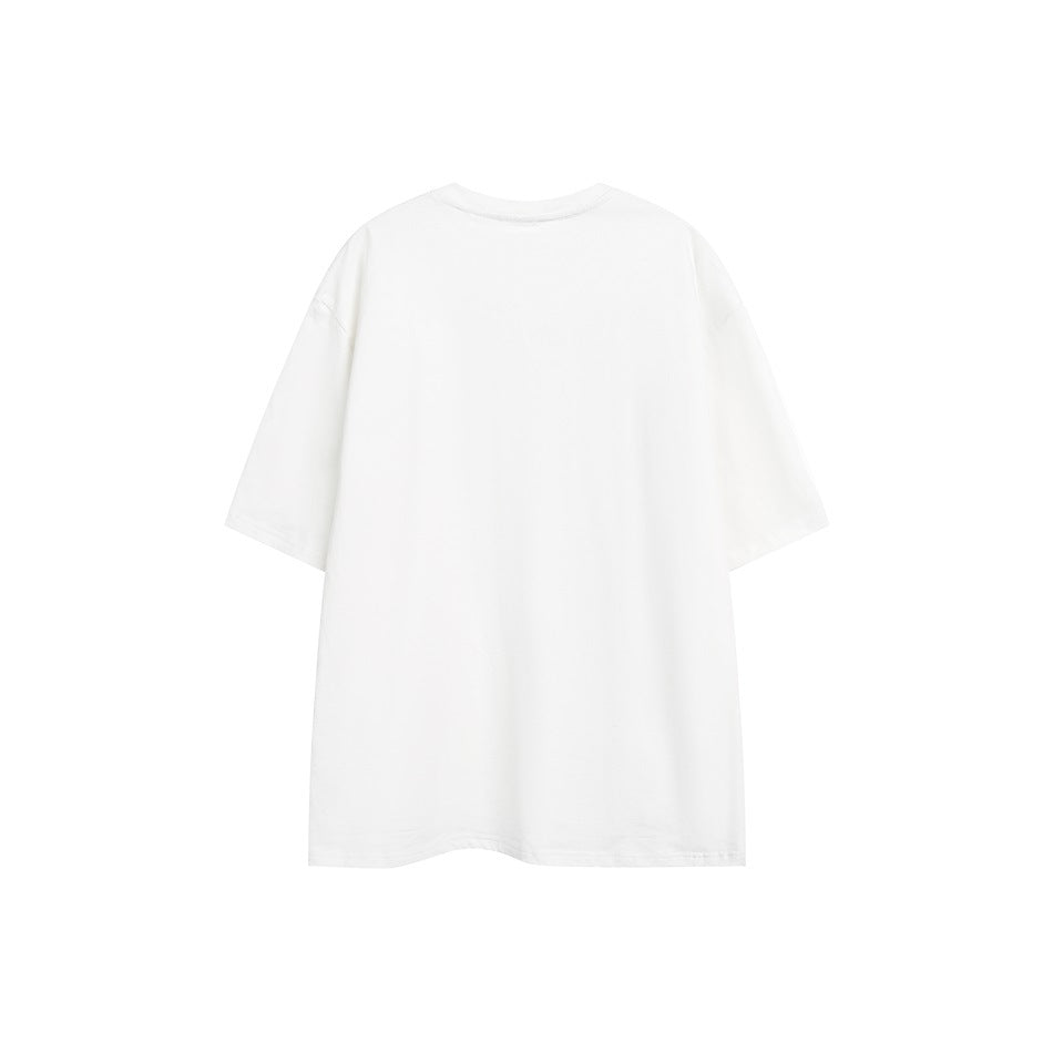 Back view of a plain white oversized short-sleeve T-shirt displayed flat against a white background.