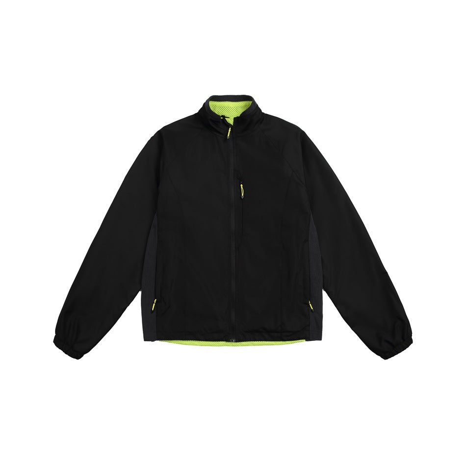 Black zip-front stand-collar jacket with dark side panels and neon yellow-green mesh lining, flat front view