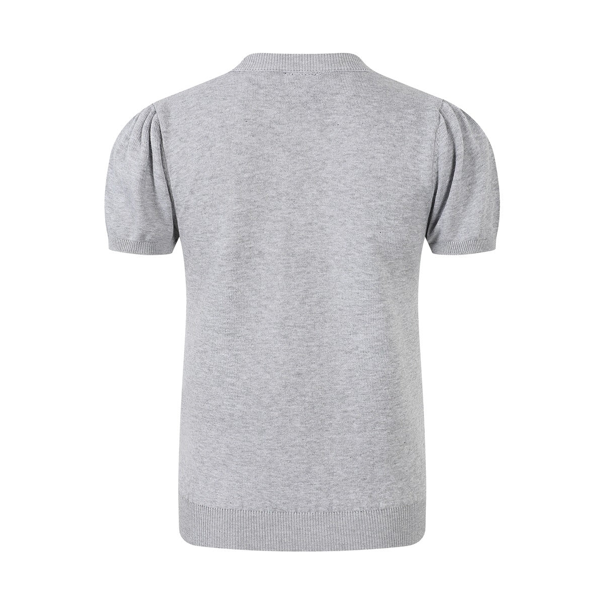 Back view of a plain light gray short-sleeve knit sweater with puff sleeves and ribbed trim.