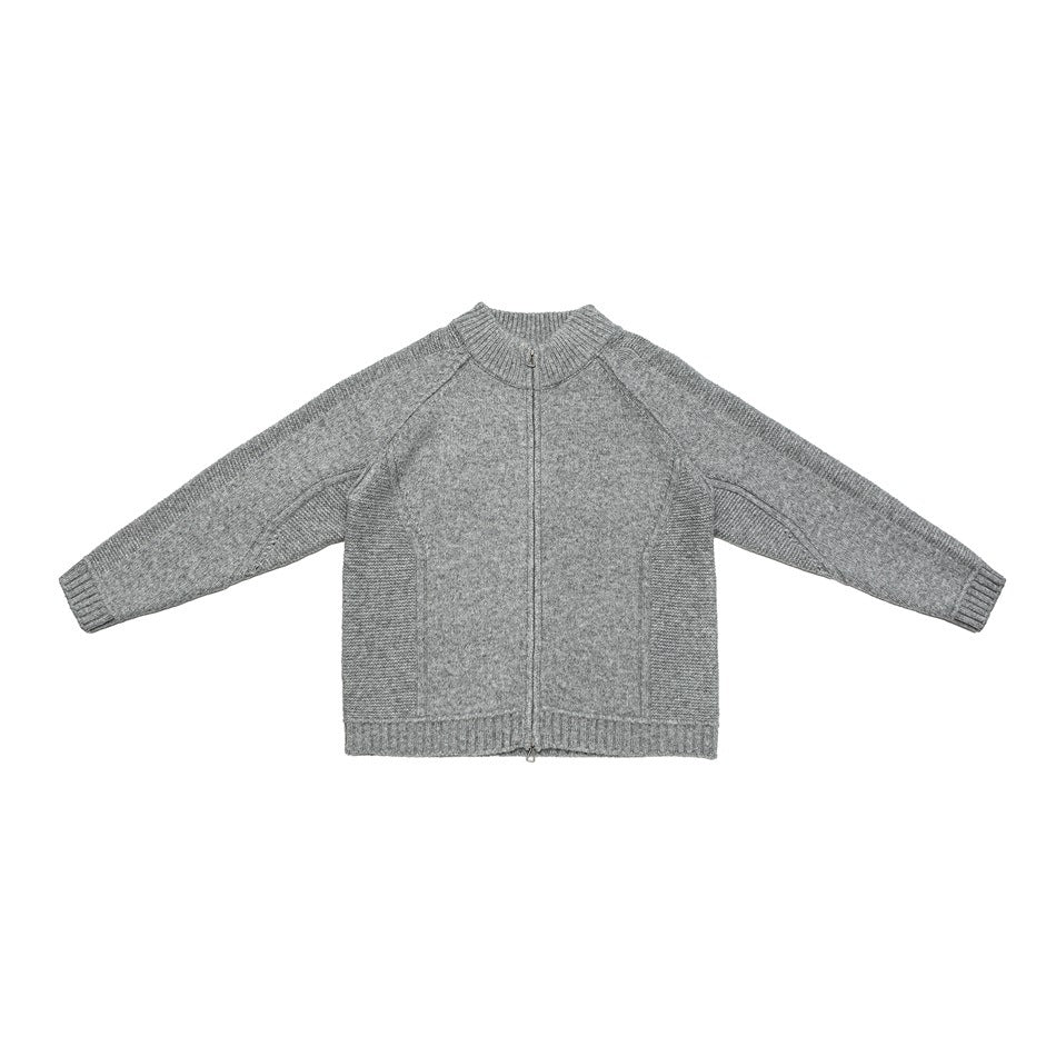 Front view of a light gray knit cardigan laid flat, with a zip closure, ribbed stand collar, and raglan sleeves.