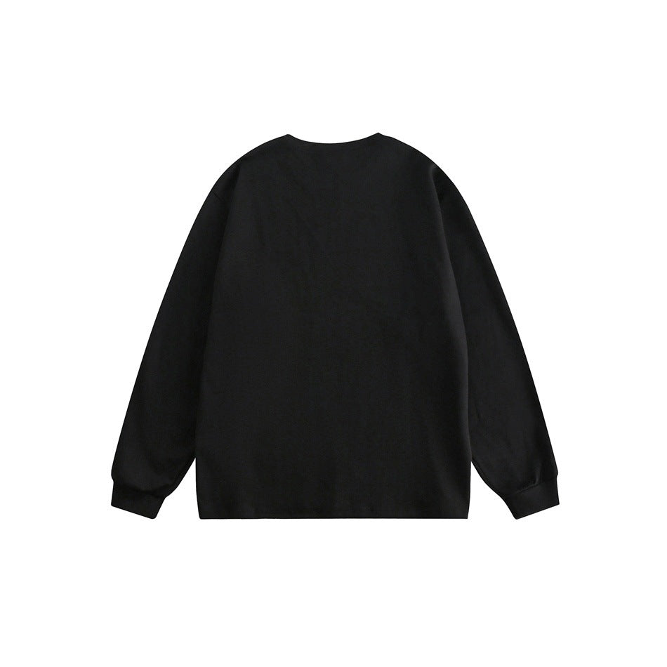 Back view of a plain black sweatshirt with long sleeves, ribbed cuffs, and a ribbed hem on a white background.