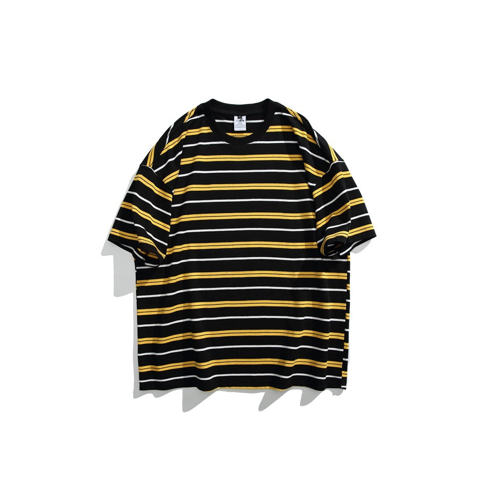 Front of black short-sleeve crew-neck T-shirt with yellow and white horizontal stripes