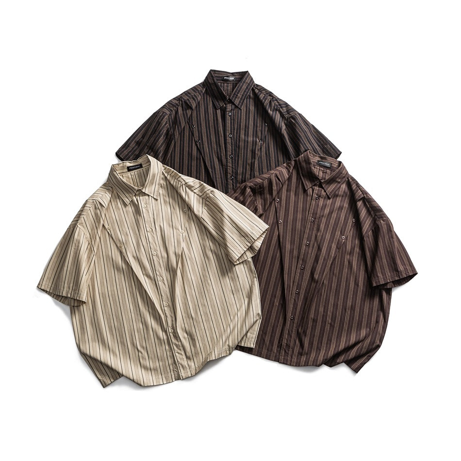 Three short-sleeve collared button-up shirts with vertical stripes in beige, brown, and dark brown, shown from the front.