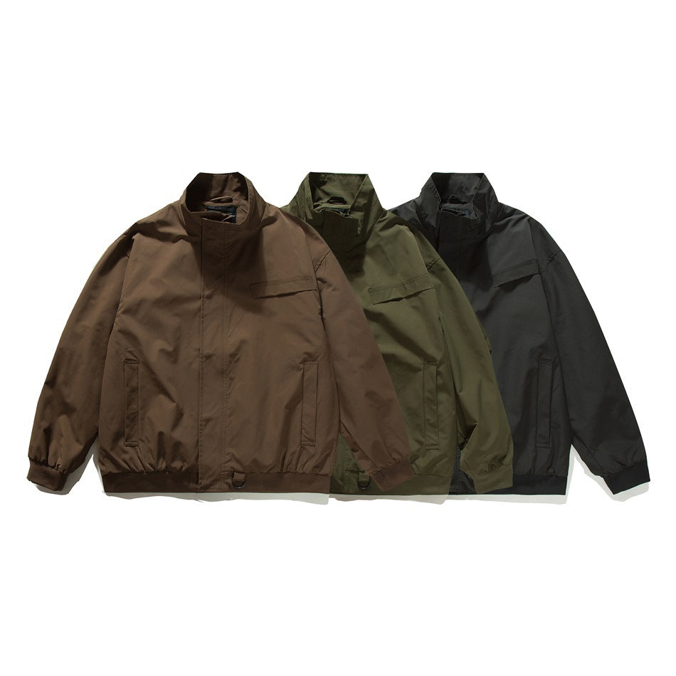 Three front views of a stand-collar jacket in brown, olive green, and black.