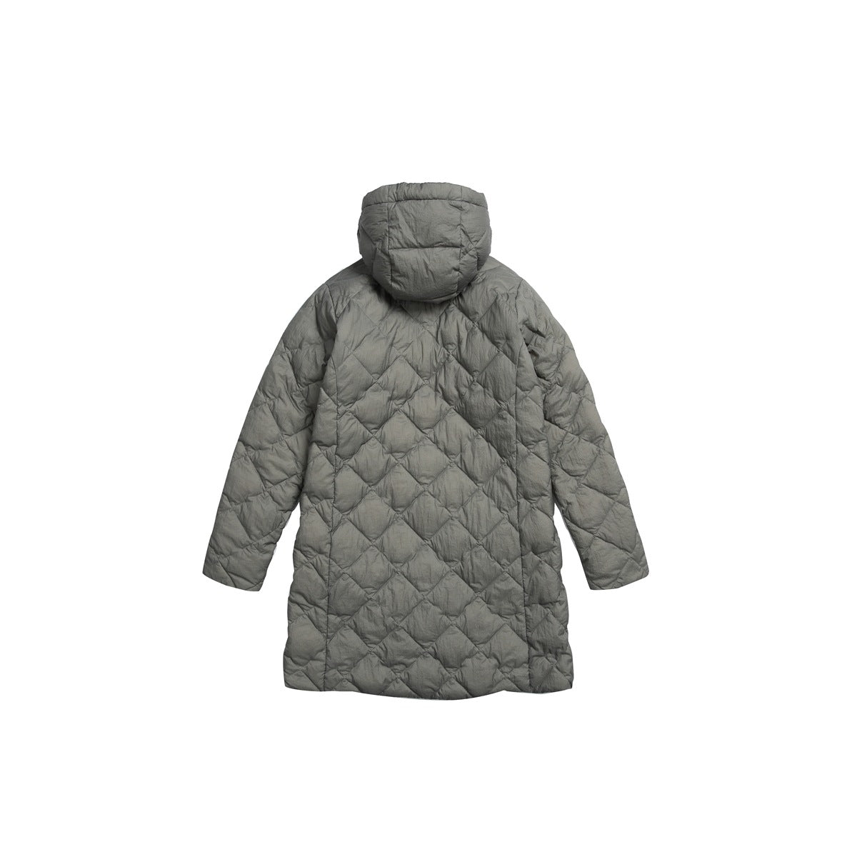 Back view of a gray-green hooded long coat with diamond quilting and long sleeves.