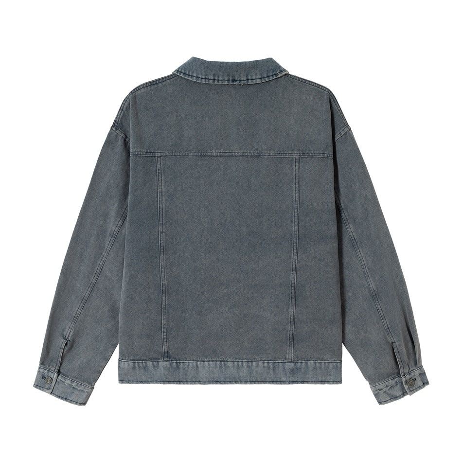 Back view of a plain gray denim jacket with a pointed collar, long sleeves, button cuffs, and a straight hem.