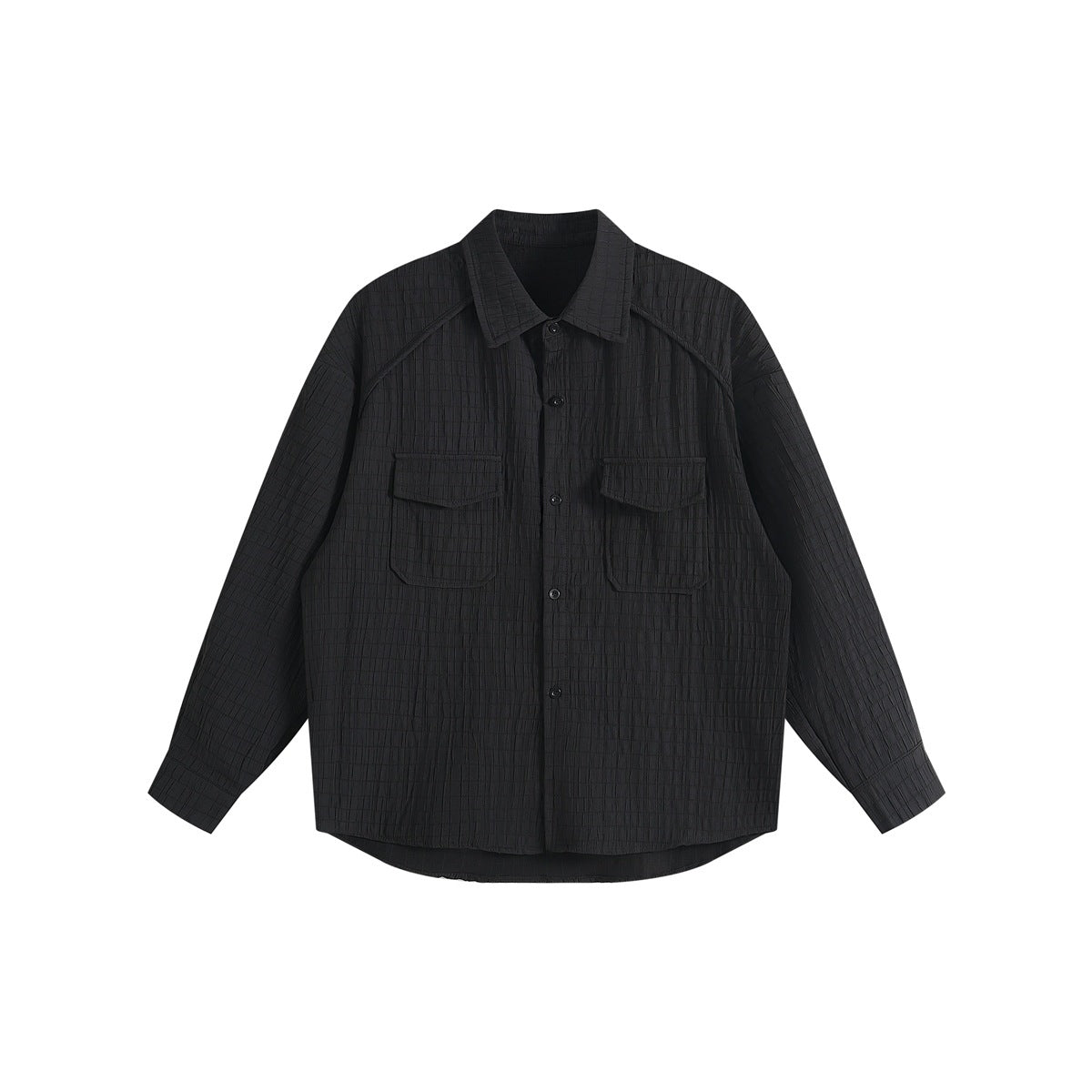 Black textured long-sleeve button-up shirt with two flap chest pockets, flat lay front view
