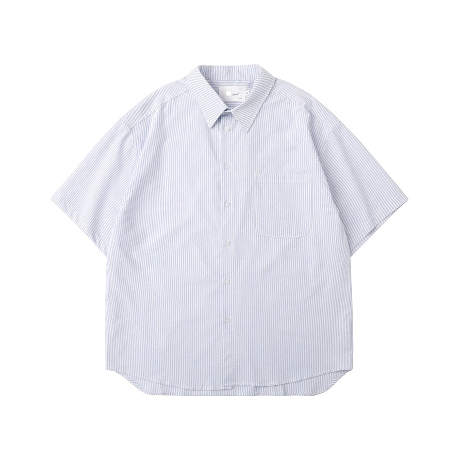 Light blue and white striped short-sleeve button-up shirt with chest pocket, flat lay front view