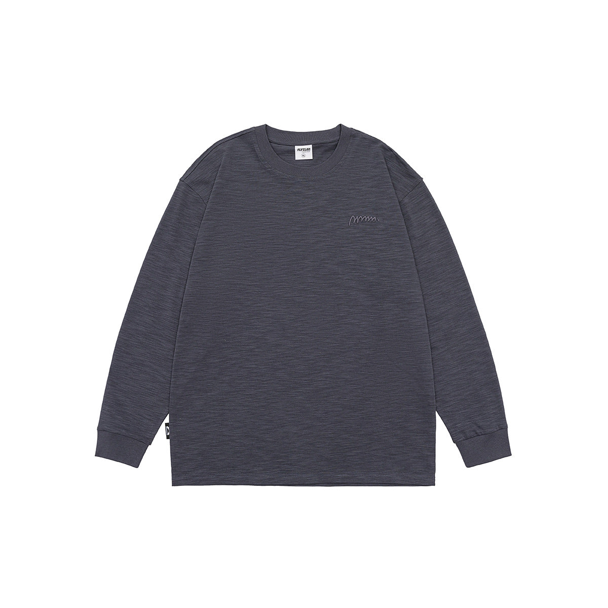 Dark gray long-sleeve crew-neck tee with ribbed cuffs and heathered texture, flat lay front view