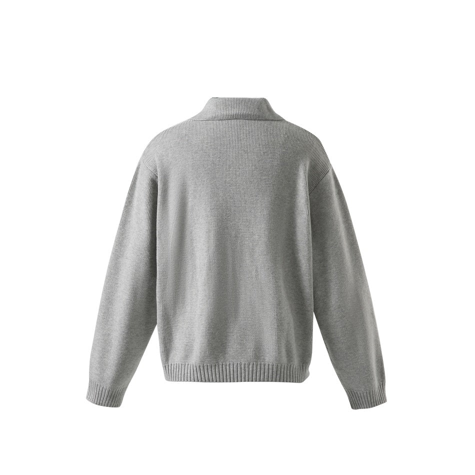 Back view of light gray ribbed knit pullover sweater with folded collar, long sleeves and ribbed hem on white background