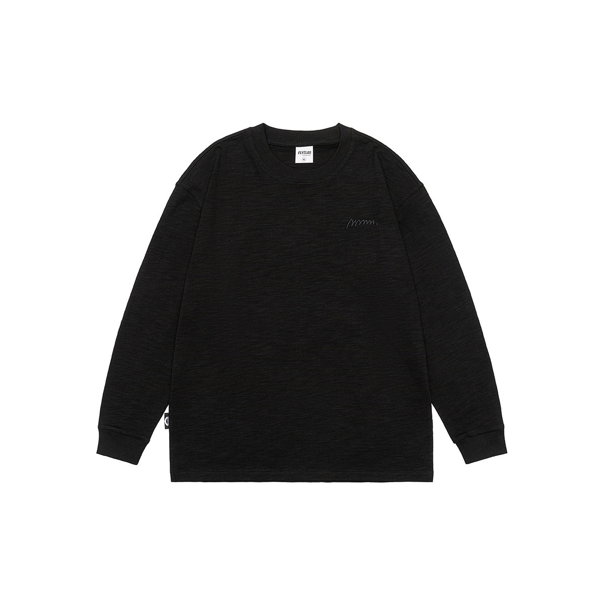 Black long-sleeve crew-neck tee with ribbed cuffs and textured fabric, flat lay front view