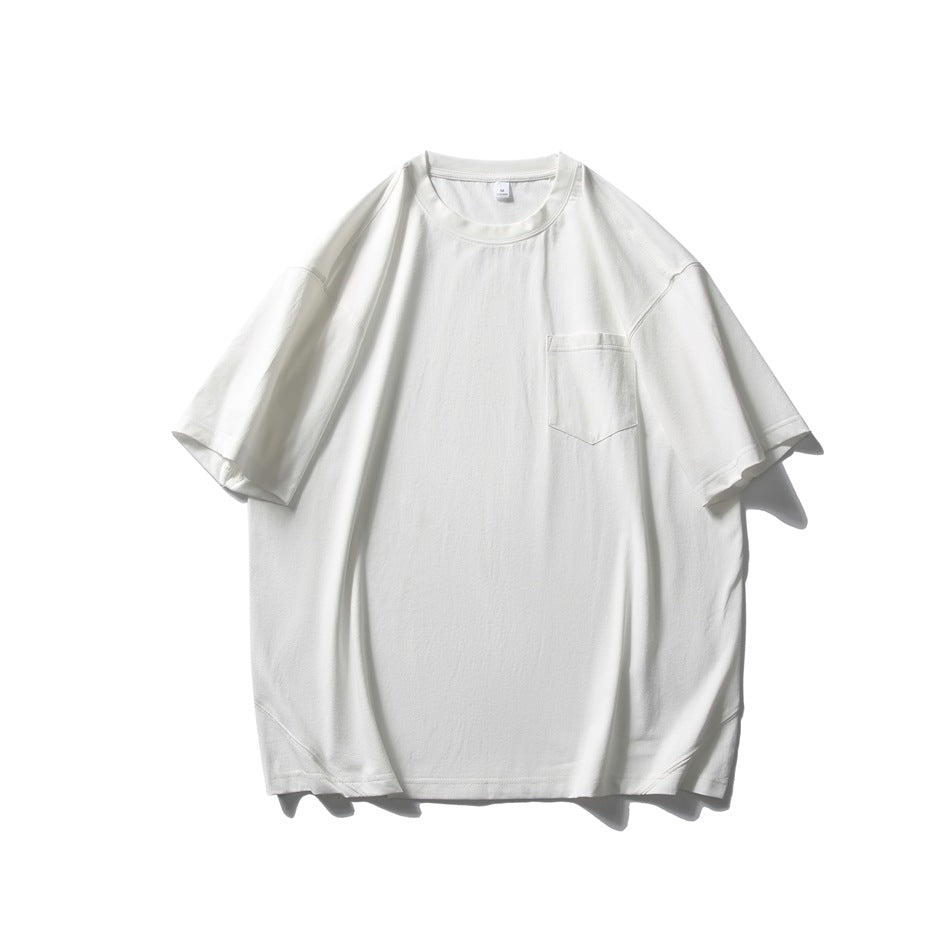 White short-sleeve crew neck T-shirt with chest pocket, flat lay front view
