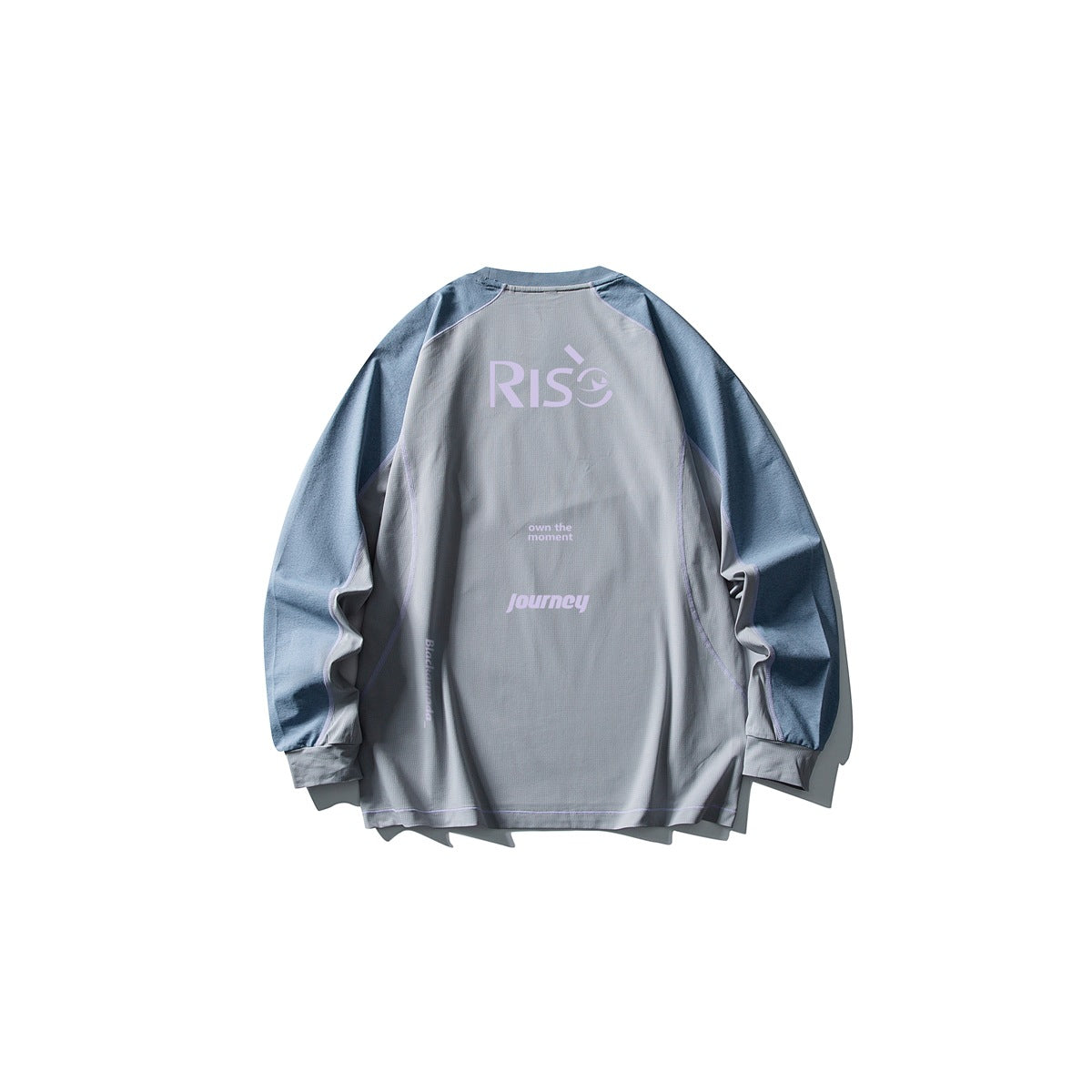 Back of a gray long-sleeve raglan tee with blue sleeves, lilac stitching and a RISE print
