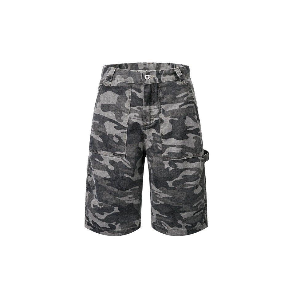 Front view of gray and black camouflage knee-length shorts with button closure, patch pockets and a side hammer loop