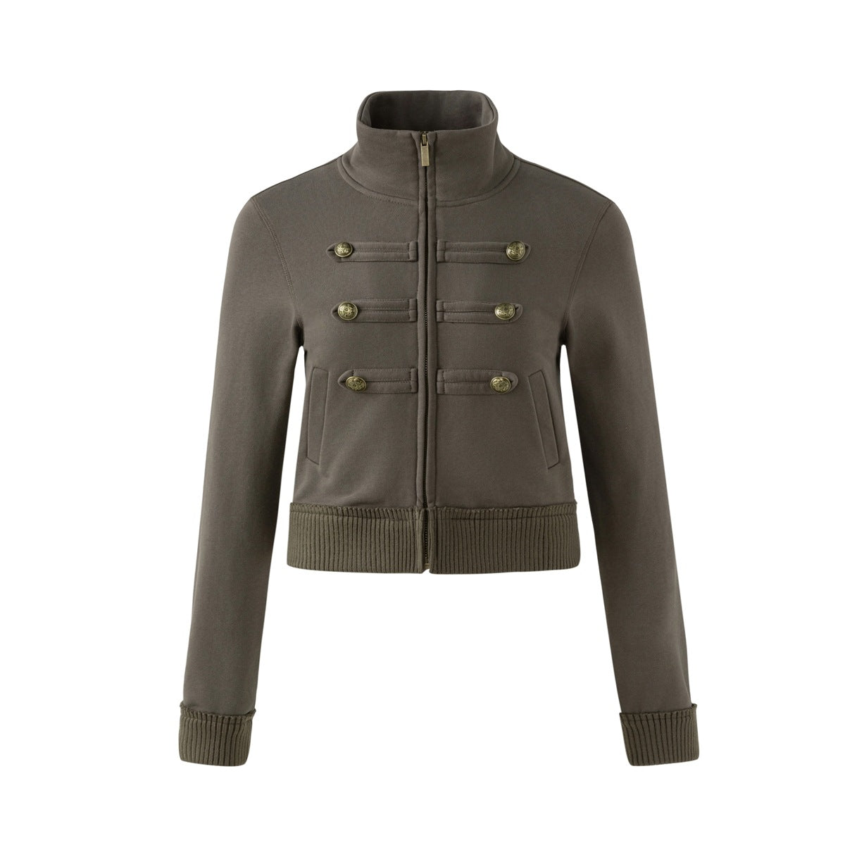 Grey-green cropped stand-collar zip jacket with gold-tone buttons on fabric tabs and ribbed hem and cuffs, flat front view
