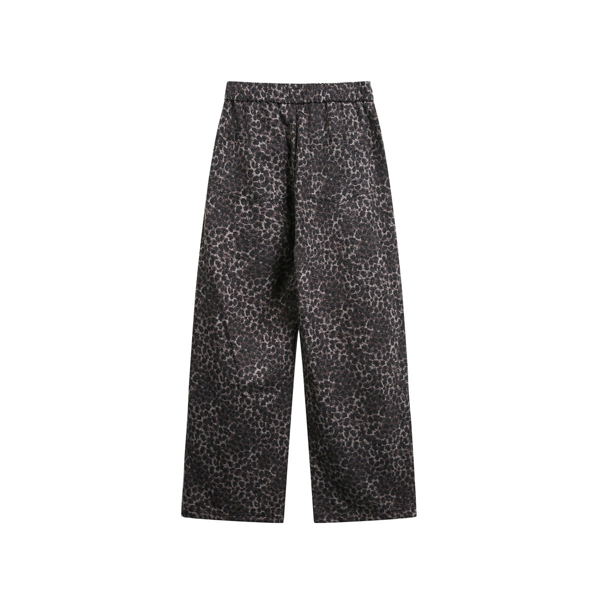 Back view of leopard-print wide-leg pants with elastic waistband and two back pockets on white background