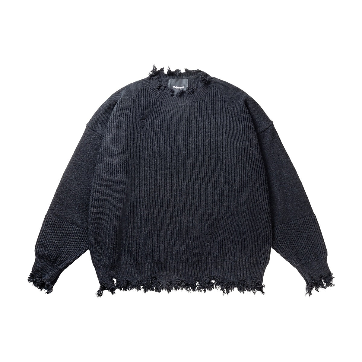 Black oversized rib-knit sweater with frayed collar, hem and cuffs, flat lay front view