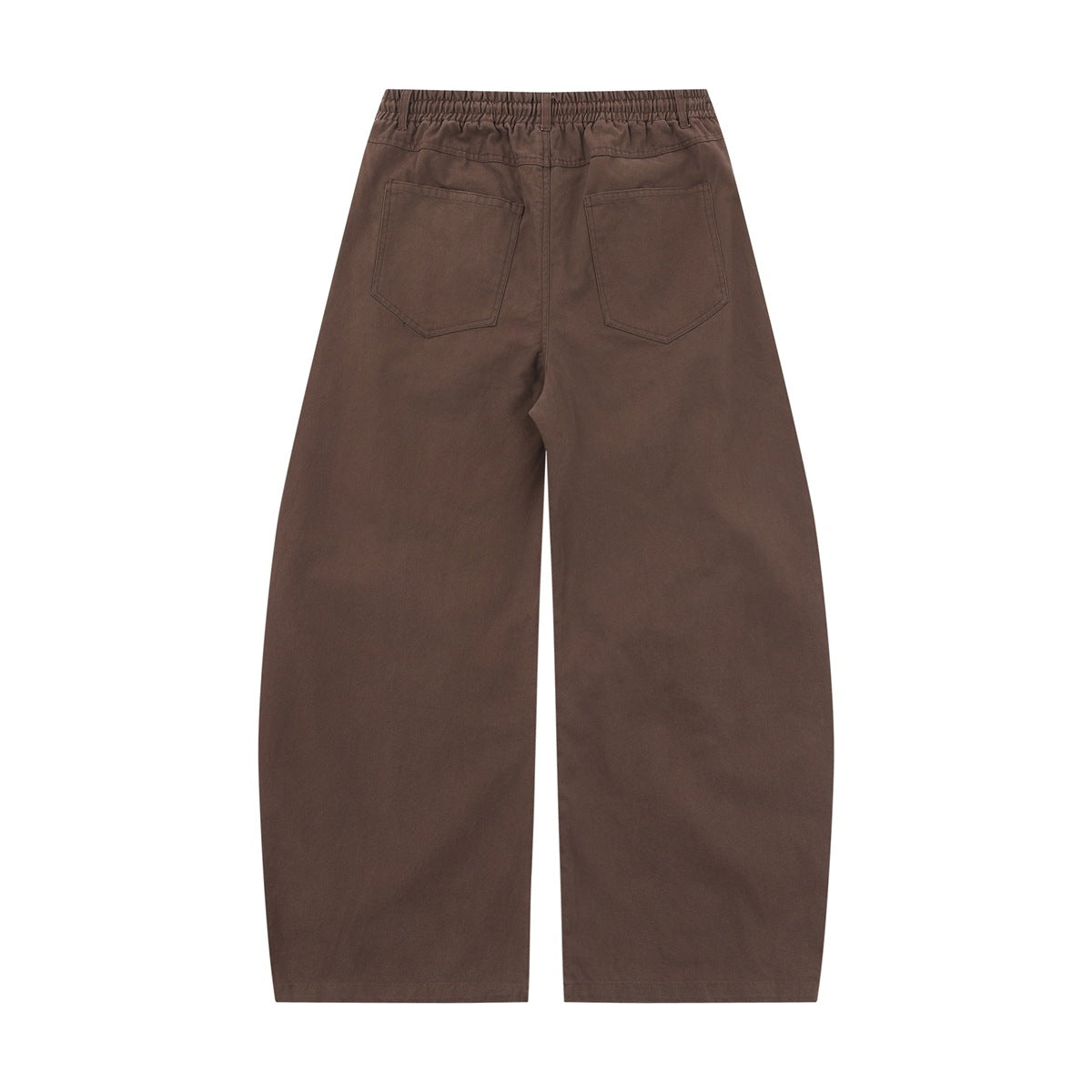 Back view of dark brown wide-leg pants with an elastic waistband and two patch pockets.