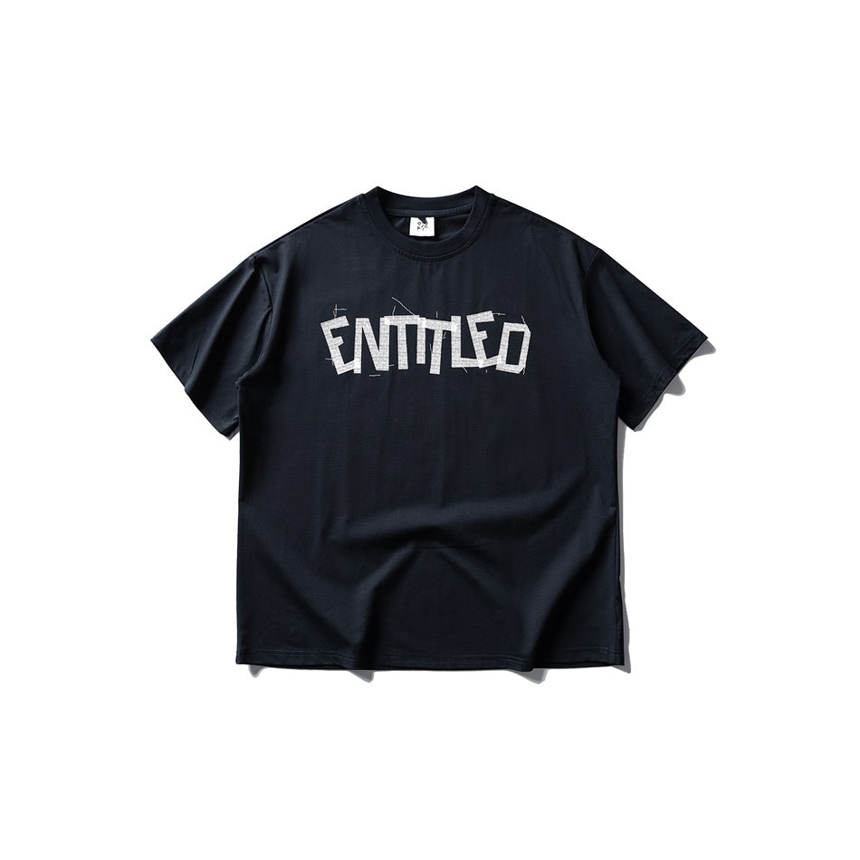 Navy short-sleeve crew-neck T-shirt with light gray ENTITLED lettering graphic on the chest, flat view