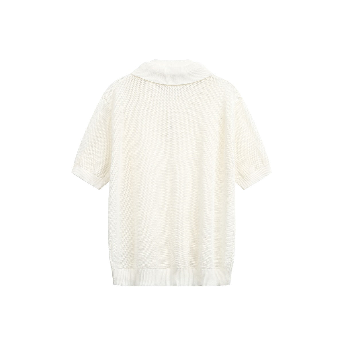 Back view of an ivory short-sleeve knit polo shirt with a collar and ribbed sleeve and hem edges.