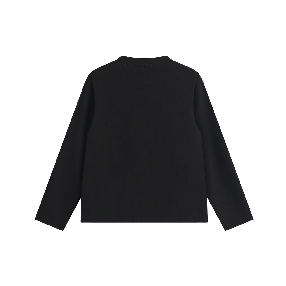 Back view of a plain black long-sleeve crew neck top laid flat.