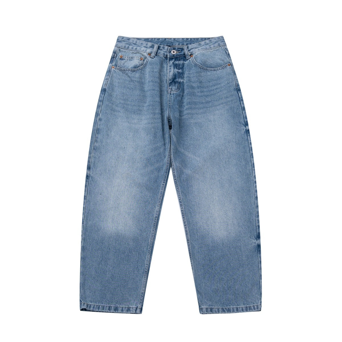 Front view of light blue washed wide-leg men's jeans with button fly and five-pocket styling on a white background