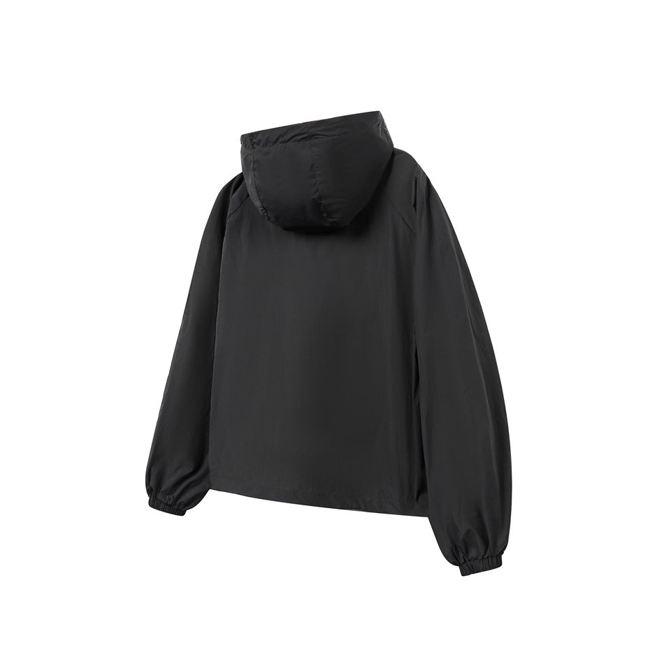Back view of a black hooded pullover jacket with long sleeves and elastic cuffs on a white background.
