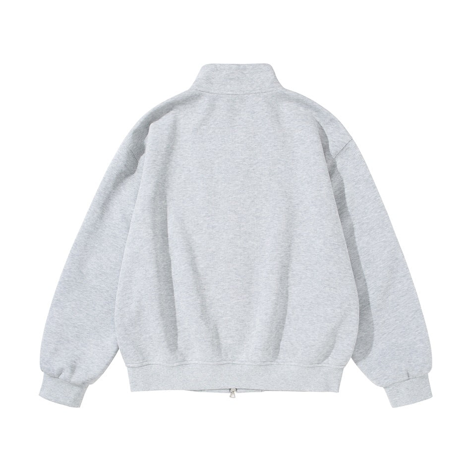 Back view of heather gray stand-collar zip jacket flat lay with ribbed cuffs and hem