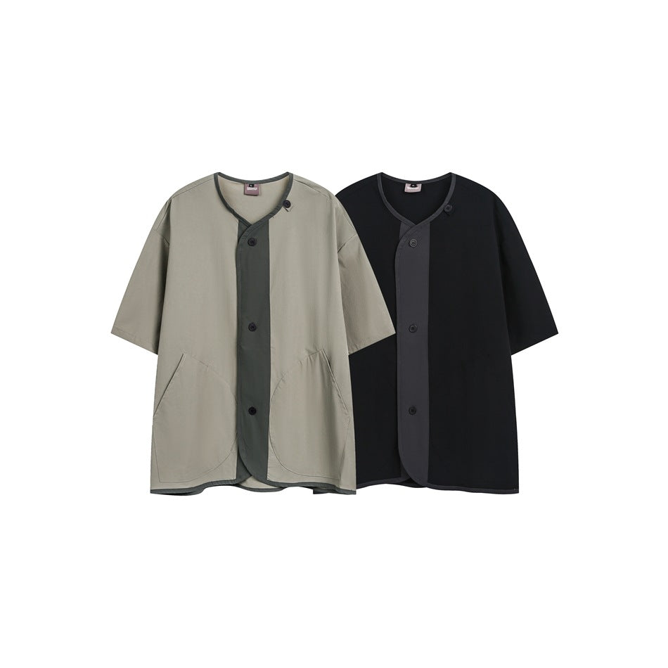 Beige and black short-sleeve shirts shown from the front, with contrast trim, button plackets, and front pockets.