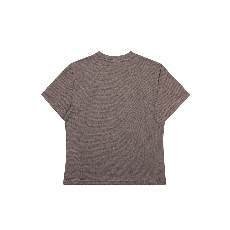 Back view of a taupe-gray short-sleeve crew-neck shirt with fine horizontal texture and curved seam panels.