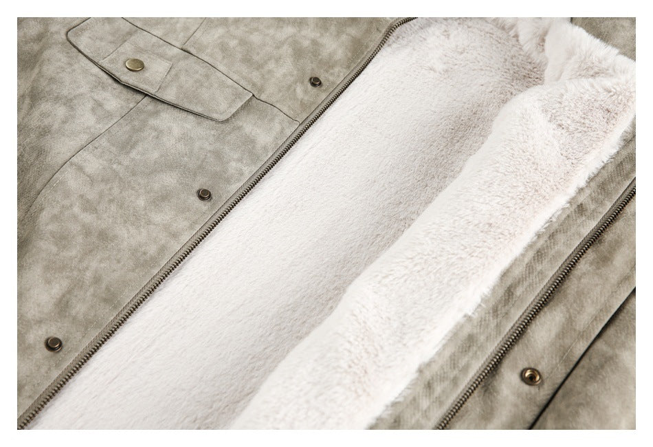 Open taupe jacket showing a plush off-white lining, zipper, snap fasteners, and chest pocket.