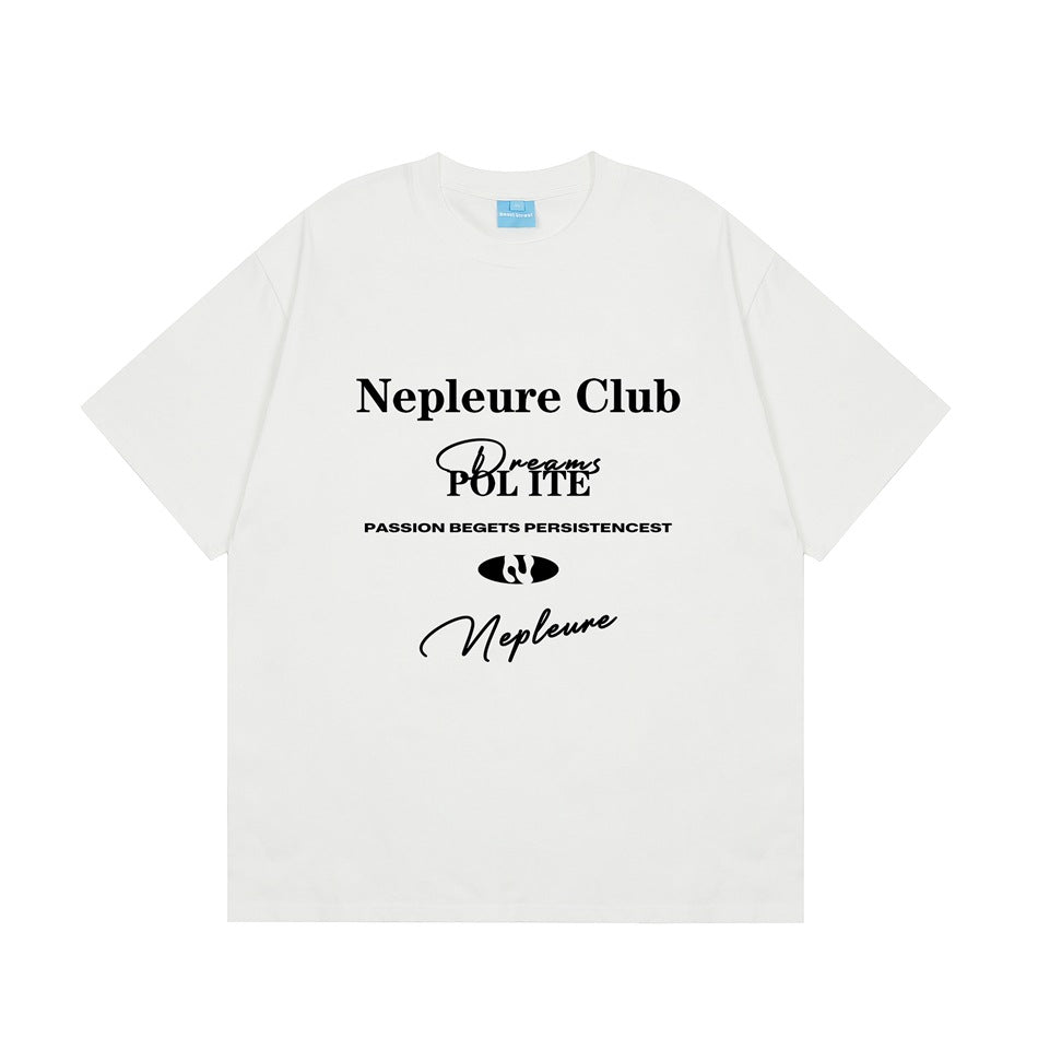 White short-sleeve crew-neck T-shirt with black 'Nepleure Club' graphic print on the front, flat view