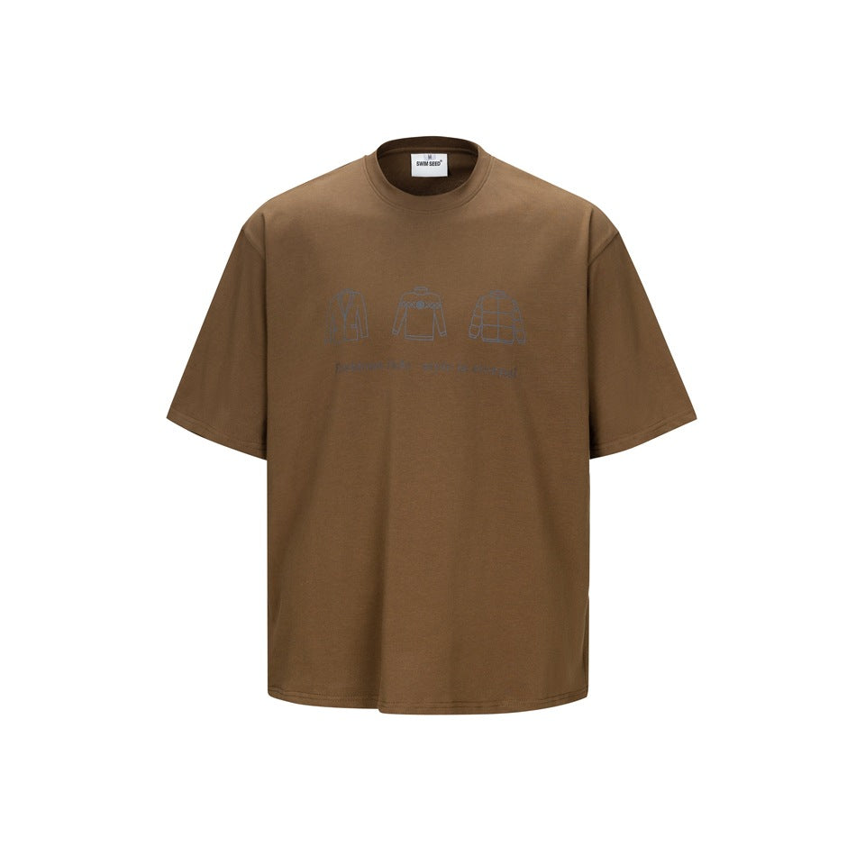 Brown short-sleeve crew neck T-shirt with a faint gray chest print of three outline garment icons