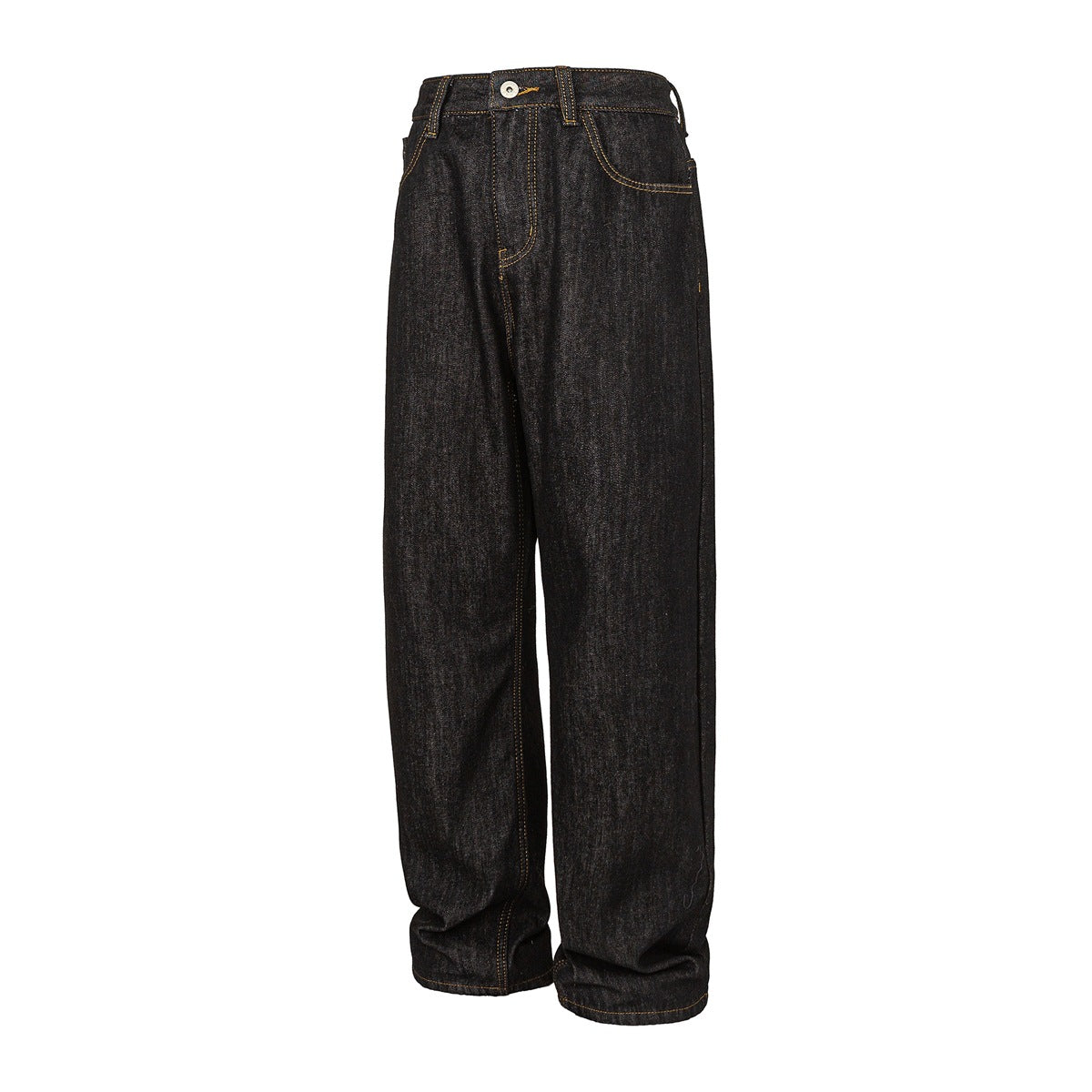 Black wide-leg denim jeans with golden topstitching, shown flat at a three-quarter angle
