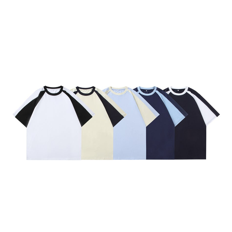 Five short-sleeve raglan T-shirts arranged in a row, with contrasting sleeves and necklines in several colorways.