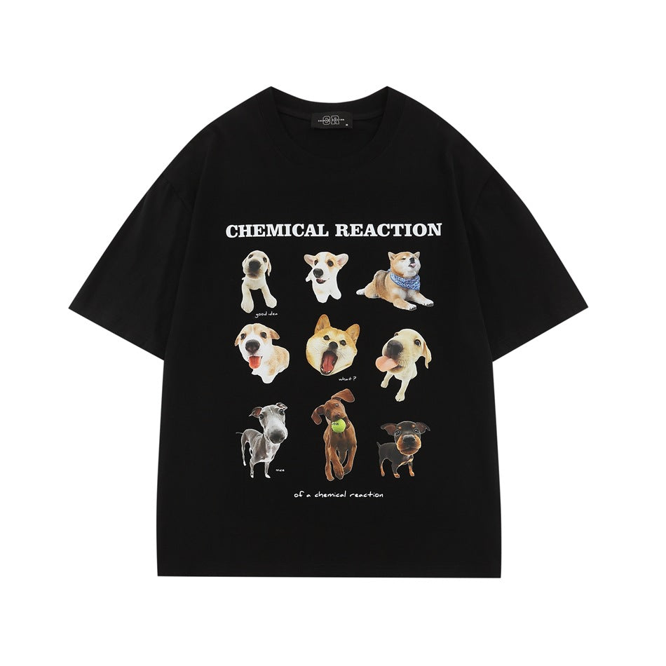 Black short-sleeve T-shirt with CHEMICAL REACTION text and a 3x3 grid of dog photo prints on the front