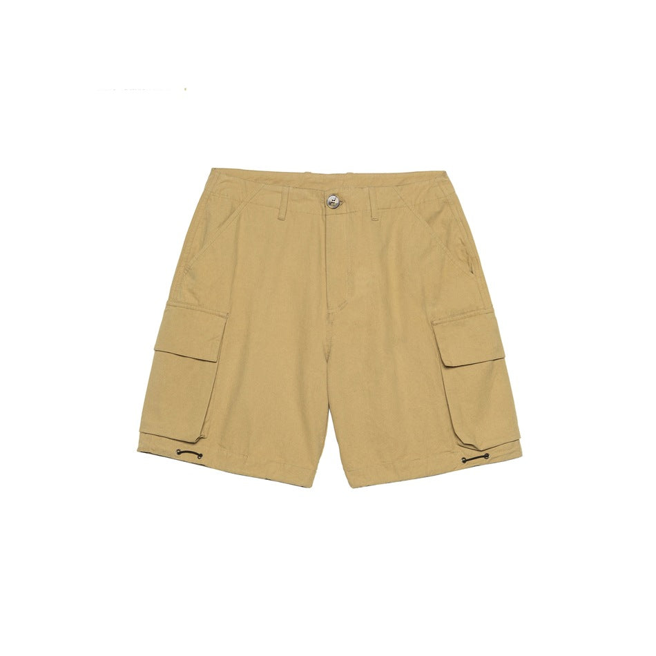 Khaki cargo shorts flat lay, front view, with button waist, belt loops and large flap pockets on each side