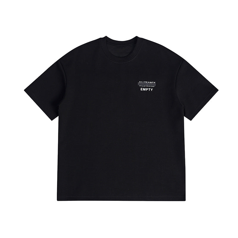 Black short-sleeve crew-neck T-shirt flat lay with a small white EMPTY text graphic on the left chest