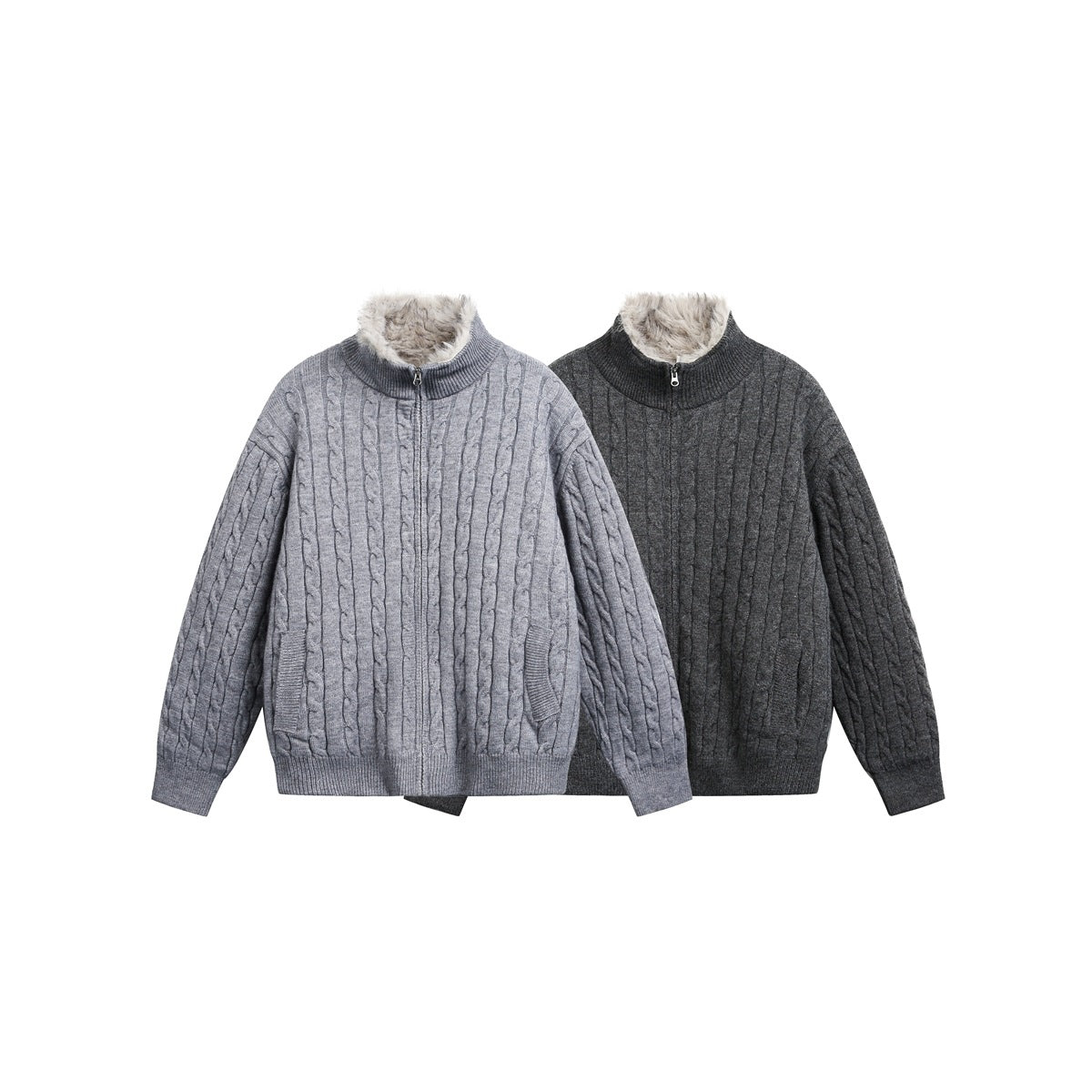 Front view of two cable-knit zip cardigans in light and dark gray, with high collars and cream faux-fur lining.