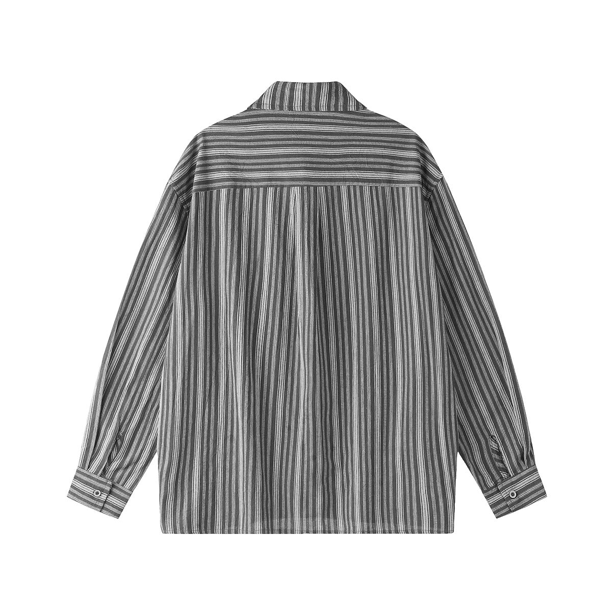Back view of a dark black-and-gray vertically striped shirt with a horizontal yoke and long sleeves.