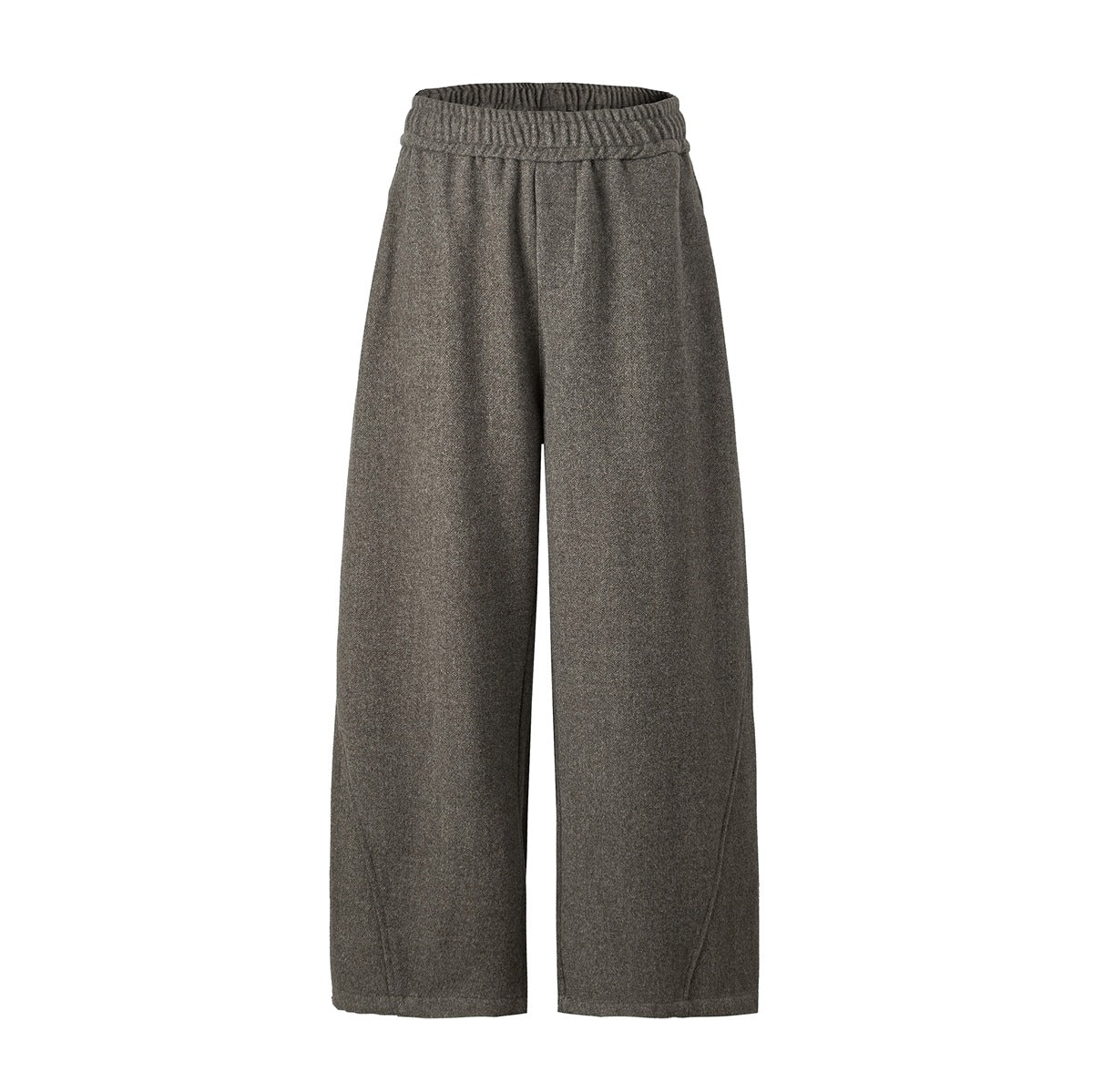 Khaki green wide-leg pants with elastic waistband and curved leg seams, flat front view