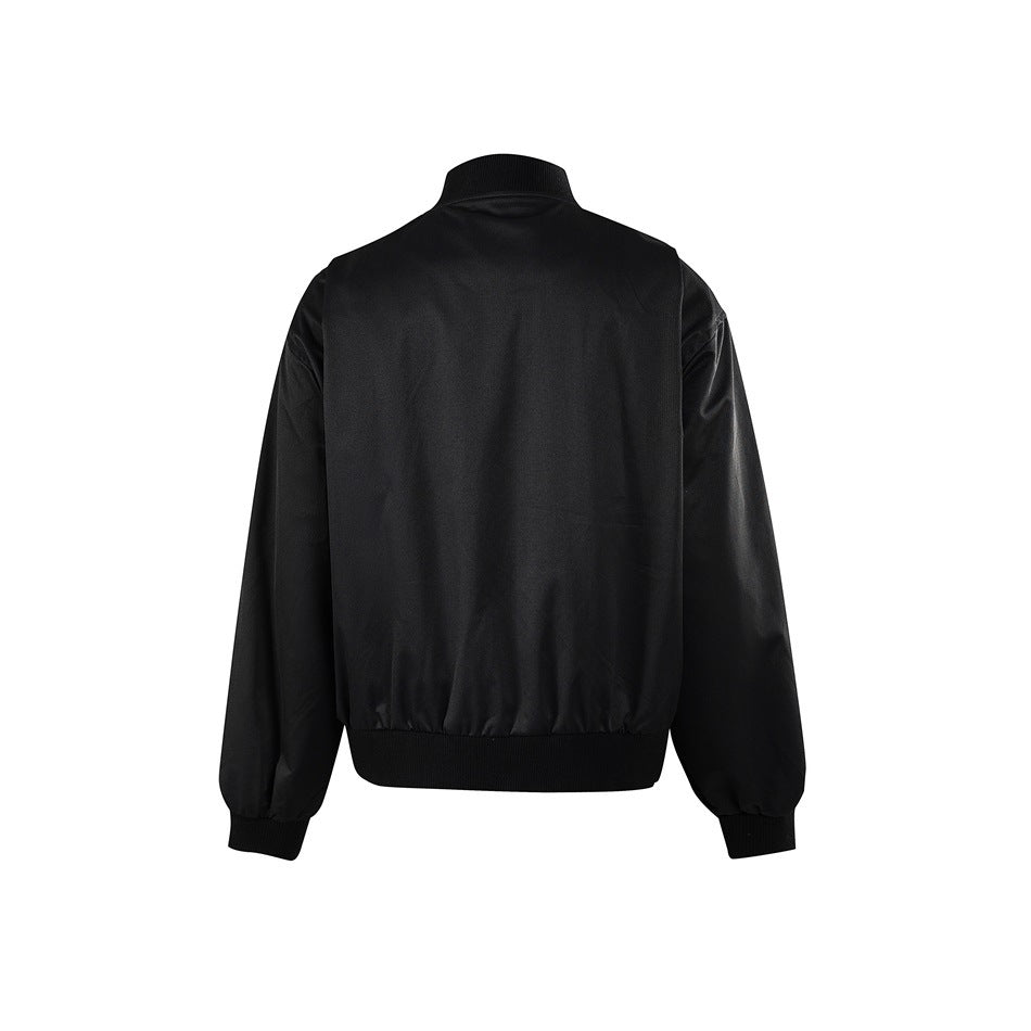 Black bomber jacket back view with ribbed stand collar, cuffs and hem and a plain smooth back panel