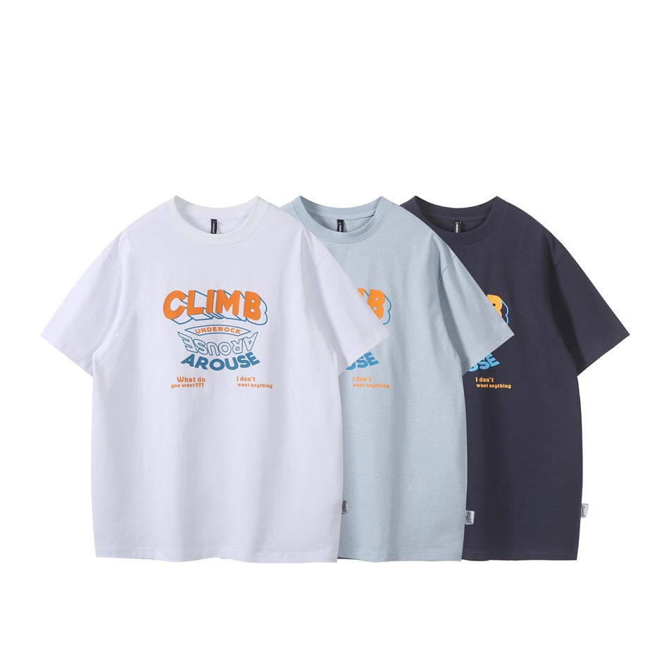 Three short-sleeve graphic T-shirts shown from the front in white, pale blue, and dark navy.