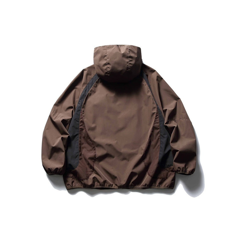 Brown hooded jacket back view with black side panels, elastic cuffs and gathered hem