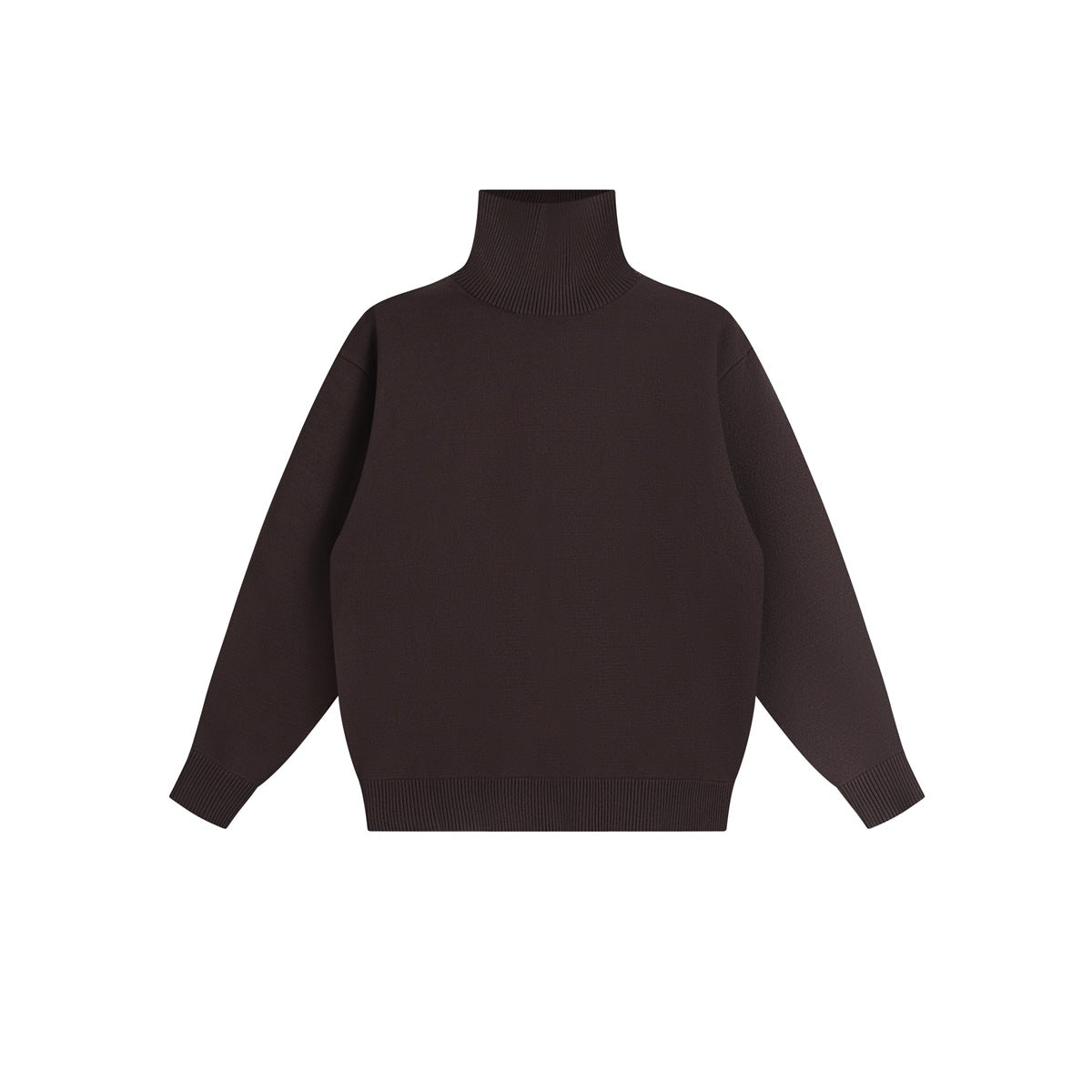 Dark brown turtleneck sweater with ribbed collar, cuffs and hem, shown flat on a white background