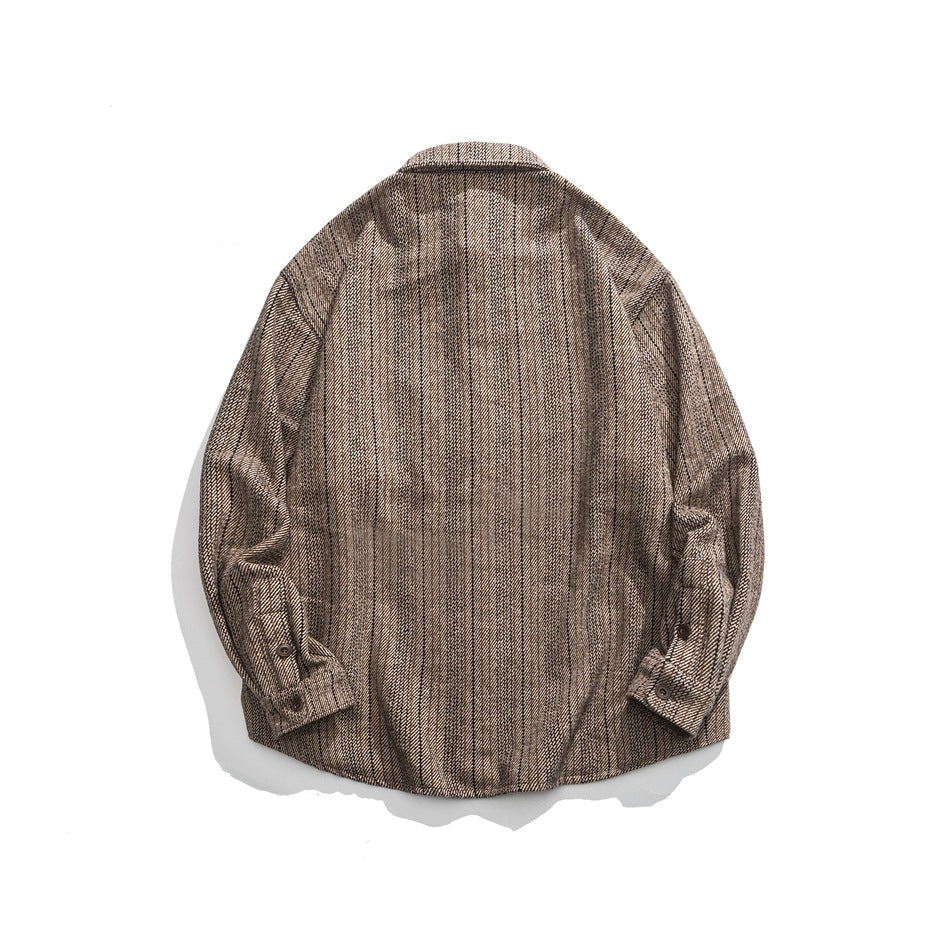 Back view of a brown striped long-sleeve button-up shirt laid flat on a white background.