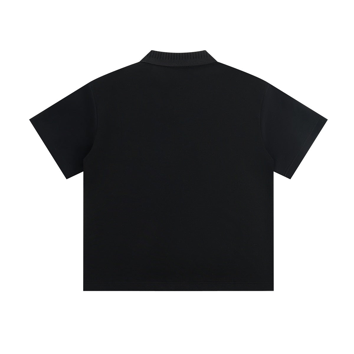 Back view of a black short-sleeve polo shirt with a ribbed collar.